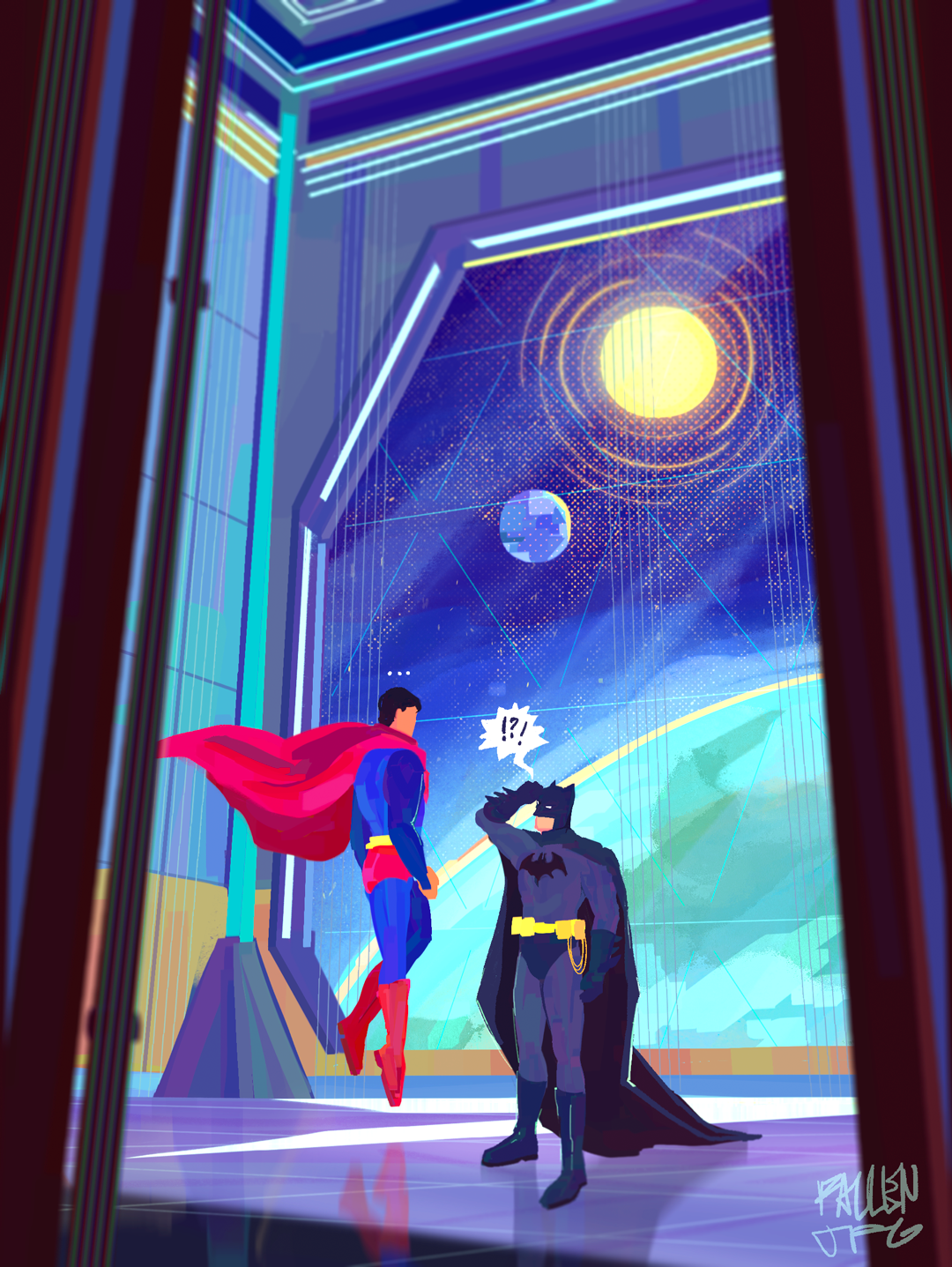 An illustration of Superman and Batman in the Watchtower with the sun, moon, and Earth visible behind them.