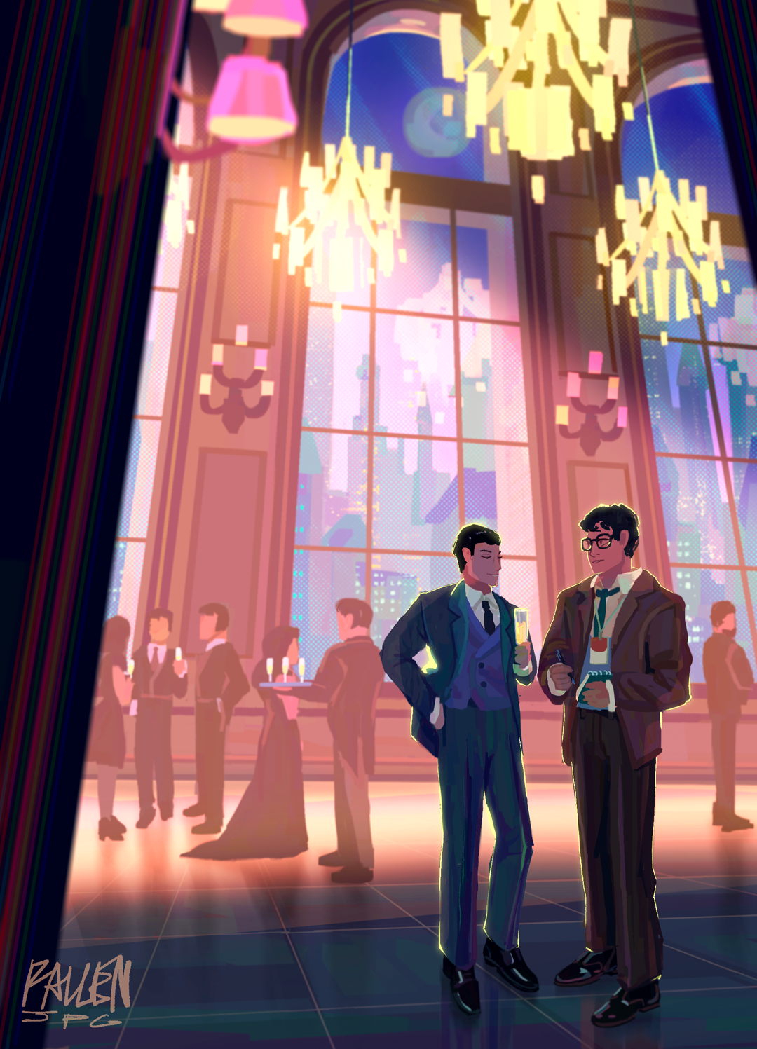 An art piece of Clark Kent interviewing Bruce Wayne in an opulent ballroom.